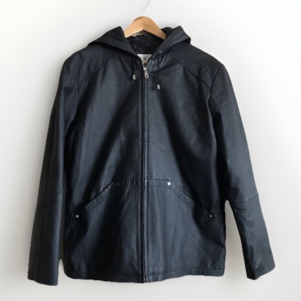 Vintage Comint‎ Black Hooded Leather Jacket Size XL Traditional Classic Travel
